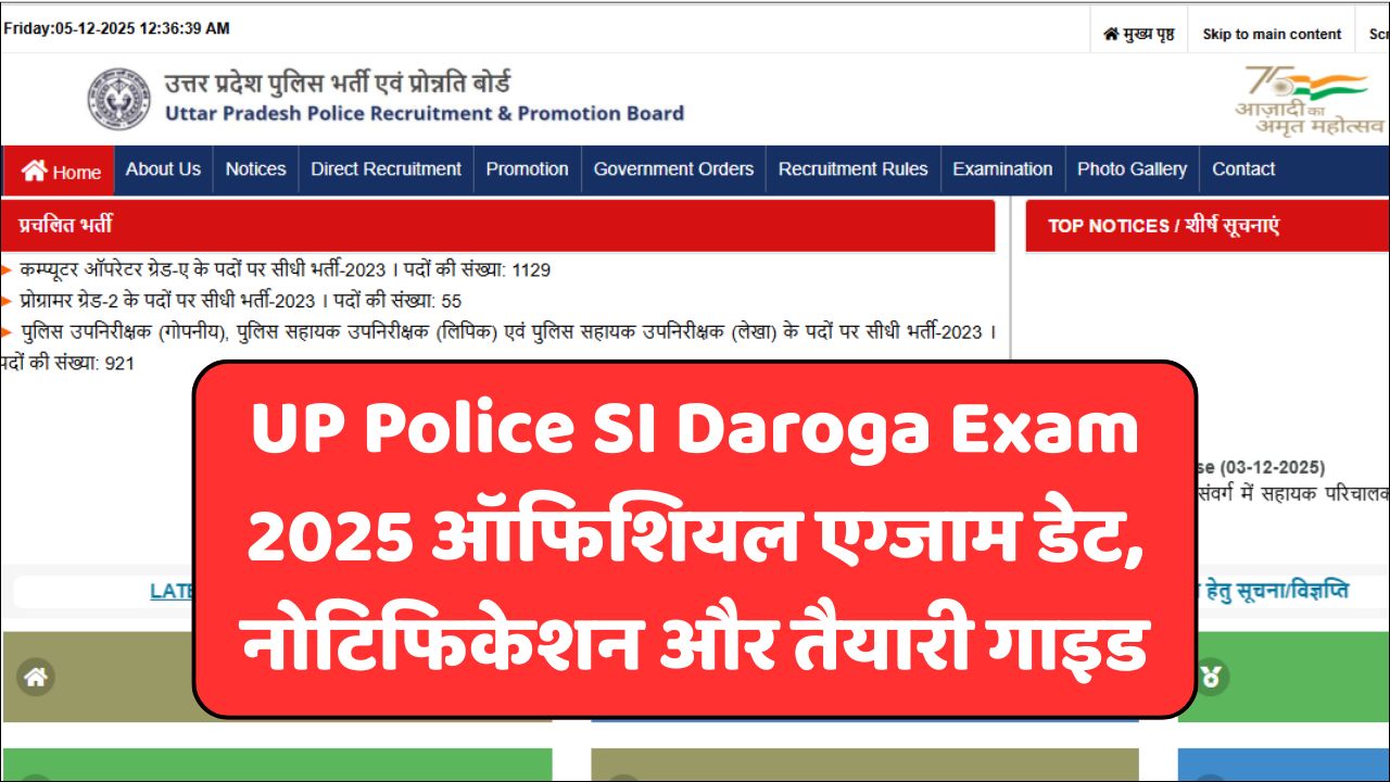 Read more about the article UP Police SI Daroga Exam 2025 ऑफिशियल एग्जाम डेट, नोटिफिकेशन और तैयारी गाइड